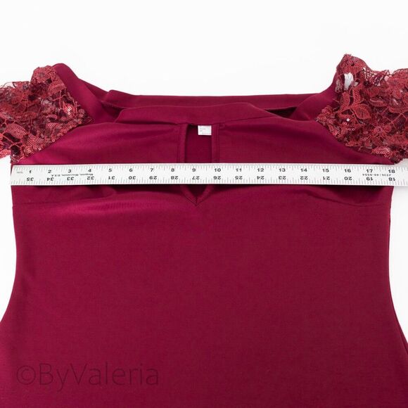 Venus Women's Burgundy Top L Balloon Sleeve Lace Sequin Holiday Christmas Glam - Picture 7 of 10